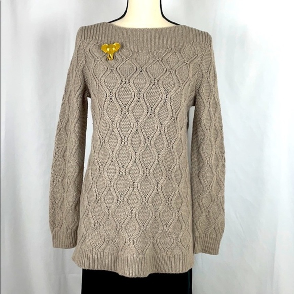 LOFT Tan Wool Blend Cable Knit Sweater w Bateau Neckline, Size Large